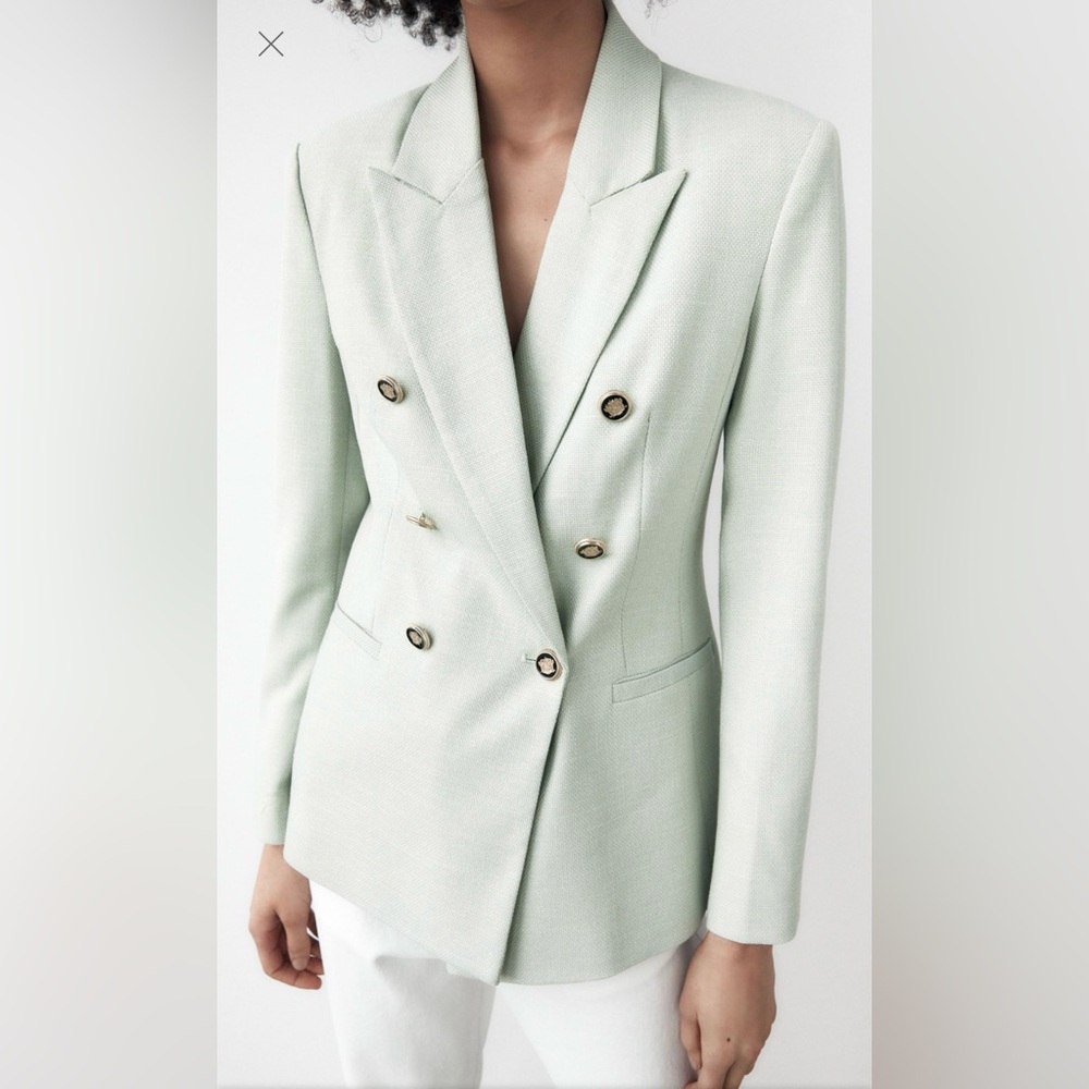 150$$ NWT Zara Light Green Double-Breasted Blazer –Size Large - Picture 13 of 16